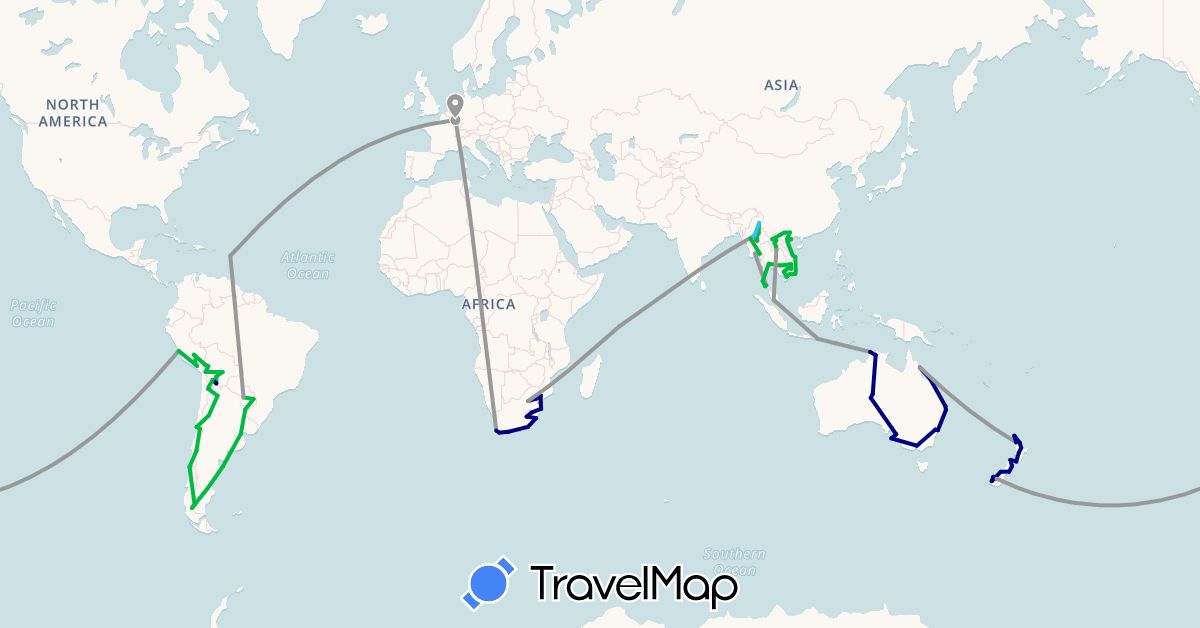 TravelMap itinerary: driving, bus, plane, hiking, boat in Argentina, Australia, Bolivia, Chile, Guadeloupe, Indonesia, Cambodia, Laos, Lesotho, Luxembourg, Myanmar (Burma), Malaysia, New Zealand, Peru, Paraguay, Seychelles, Swaziland, Thailand, Vietnam, South Africa (Africa, Asia, Europe, North America, Oceania, South America)